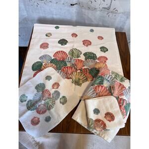 Vintage 90s cotton towel set ocean shells coastal cottage beach decor mermaid